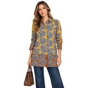 Alexis Top Womens XS Yellow Brown Floral Long Sleeve Tunic Satin Boho Hippie